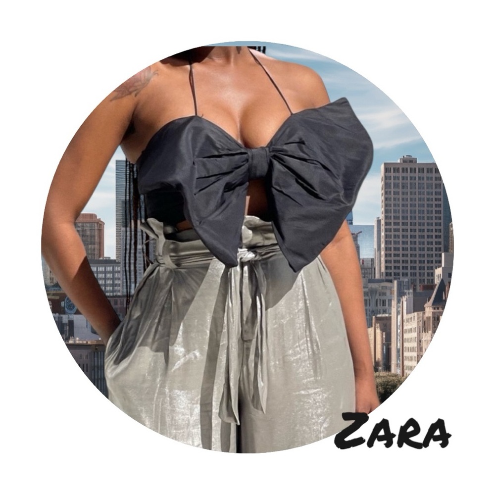 ZARA Women’s Black Faille Taffeta Duchess Bow Halter Crop Top - Size M